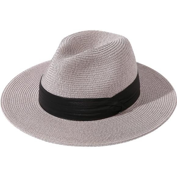 Women Wide Brim Straw Panama Roll up Hat 02-fold Belt Grey